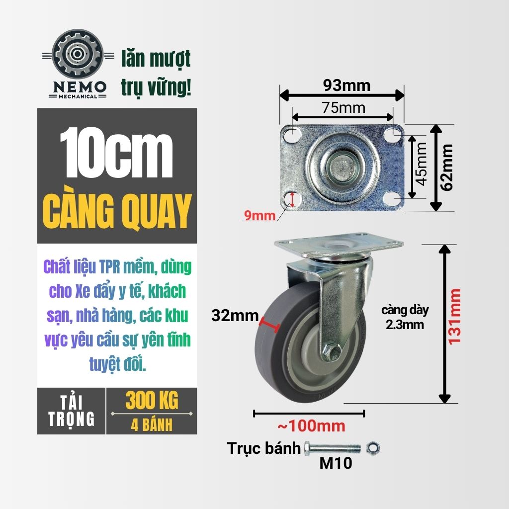 Bánh Xe Cao Su TPR Xám – Giảm Ồn, Bảo Vệ Sàn Tuyệt Đối (D75, D100, D125)